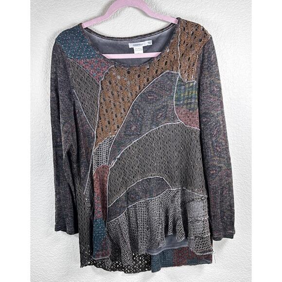 Feratelli Patchwork Knit Tunic XL Boho Grunge Y2K Mesh Layered Top - Picture 2 of 5